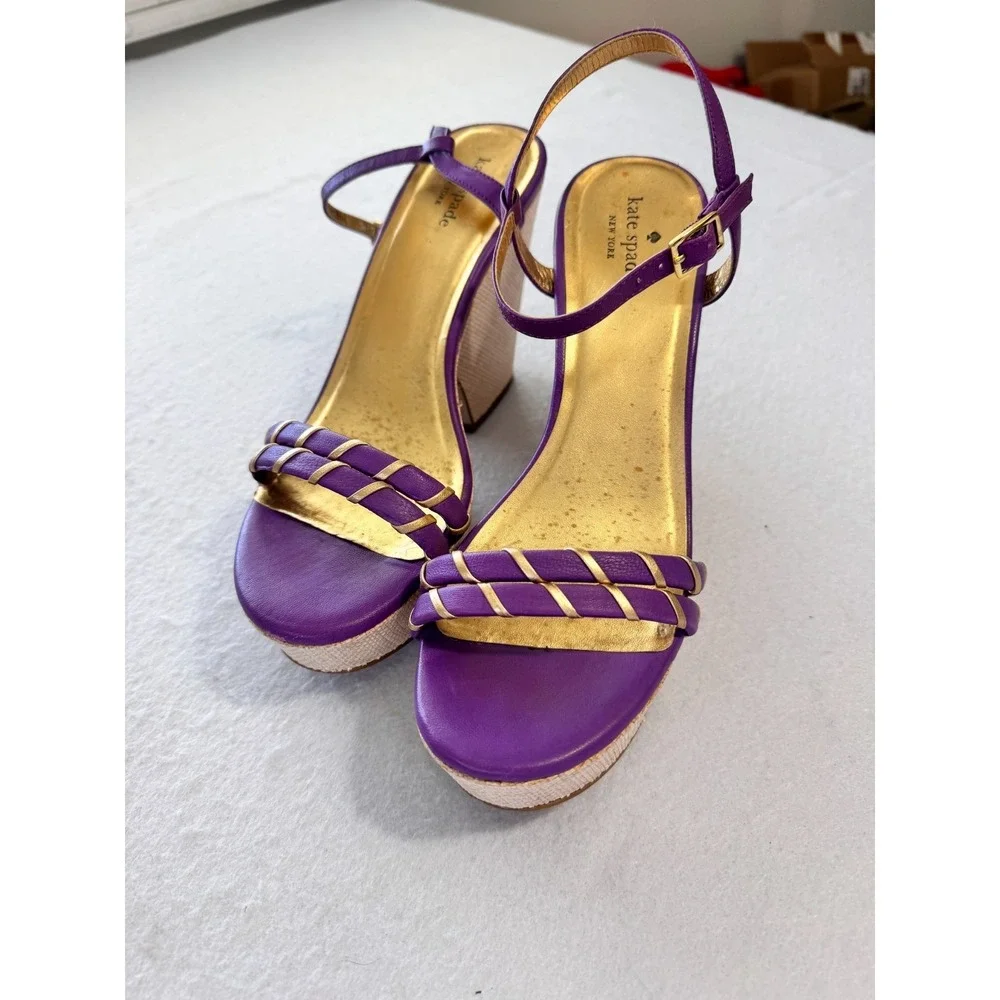 Kate Spade Alice Purple Gold Leather Wedge Espadrille Platform Sandals 8.5 Women